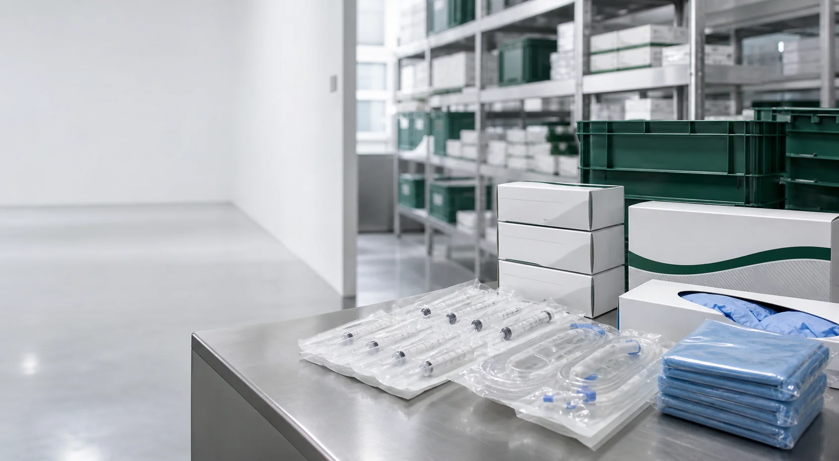 Caixas de medicamentos, frasco-ampola e estetoscópio organizados para fornecimento hospitalar.